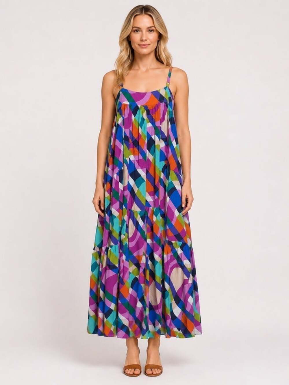 Abel The Label Tiered Maxi Dress sleeveless size Medium Multi-color  Rayon Boho
